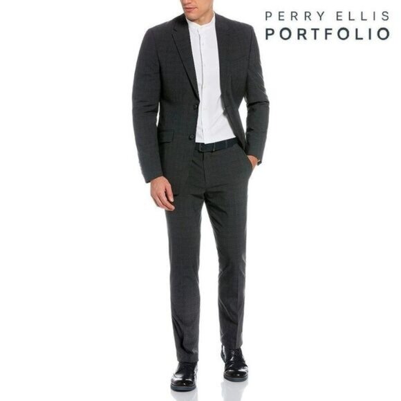 Perry Ellis Portfolio‎ Men's Tonal Plaid 2 PC Wool Suit Jacket Pants - Picture 1 of 15